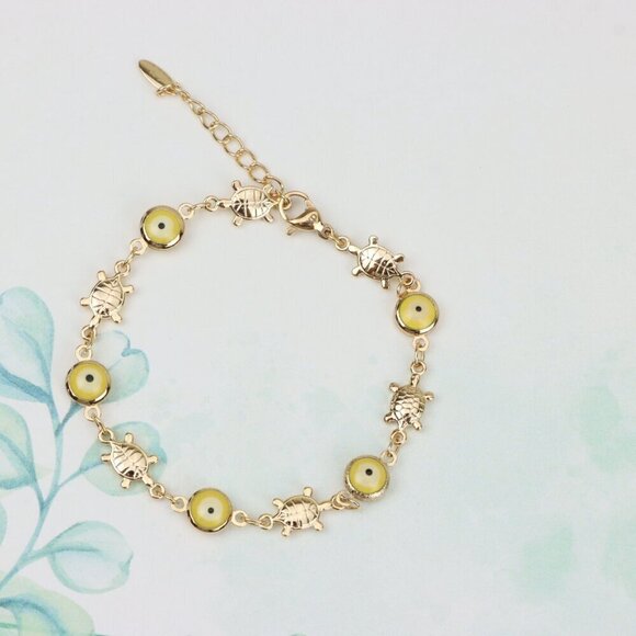 "Rose Gold Turtle & Yellow Evil Eye Bracelet, Cute Protective Design, XPBL0744 - Picture 12 of 12